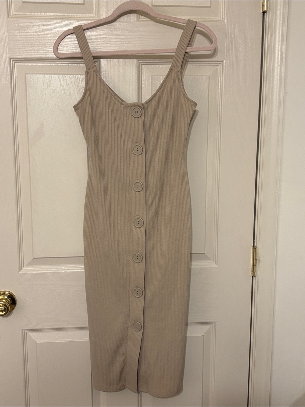 Urban Outfitters Button-Front Ribbed Midi Dress in Beige